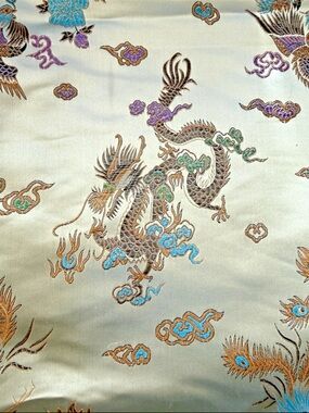 Y2K Asian Dragon Floral Motif Brocade Fabric 1 yard + 17"L X46"W Champagne Gold